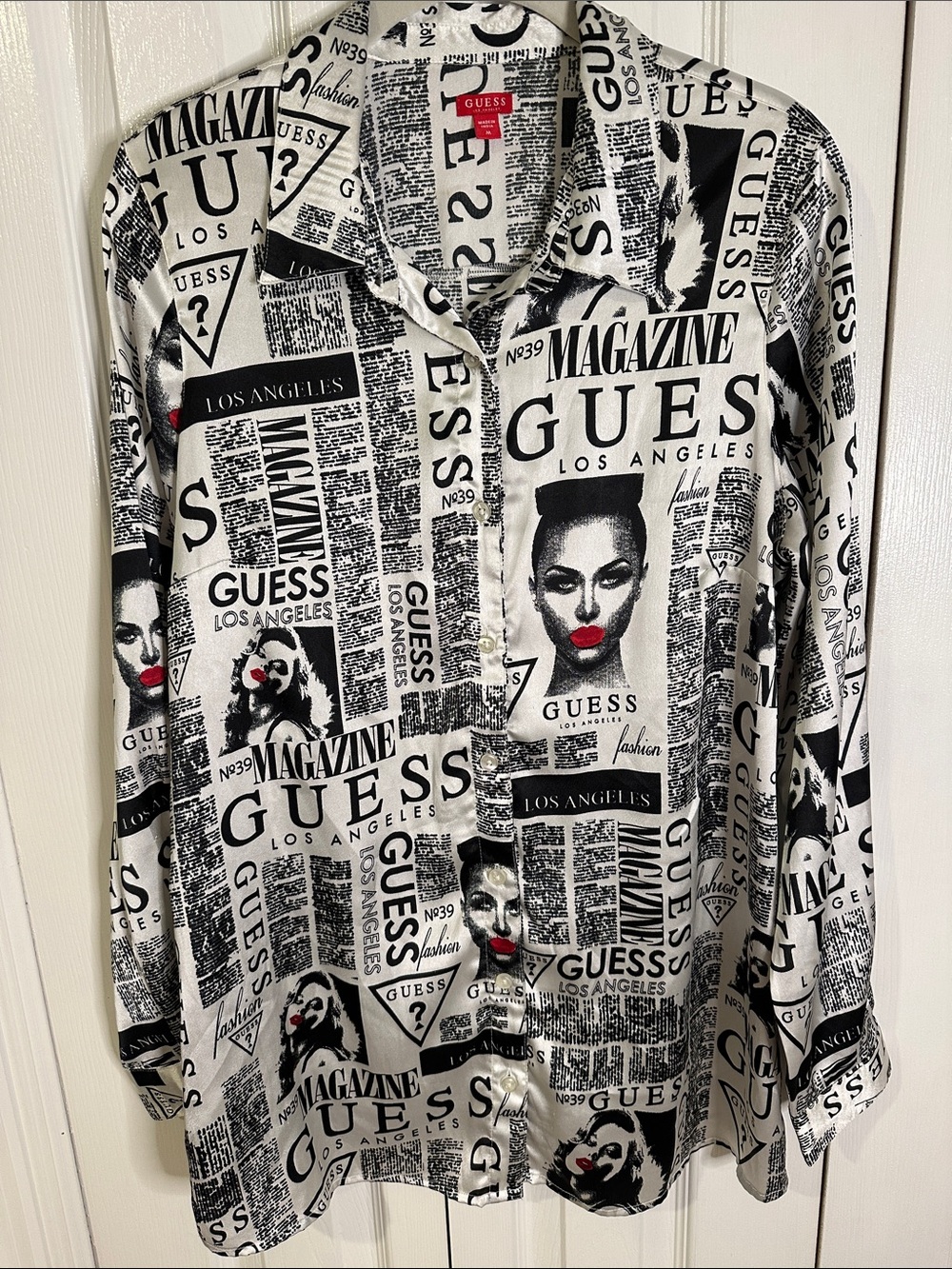 GUESS Newspaper Print Button-Down Shirt with Red Lip Accents | Medium